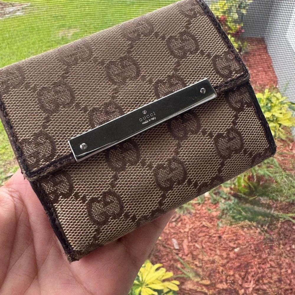 Gucci Brown GG Supreme Canvas Small Wallet with Silver Plate